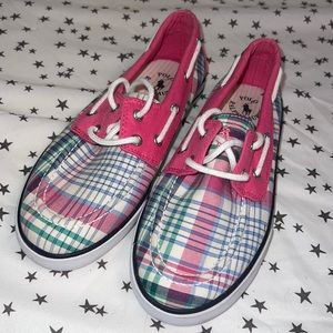 🏁 Girls Polo Ralph Lauren Pink Plaid Boat Shoes Sneakers Size 3